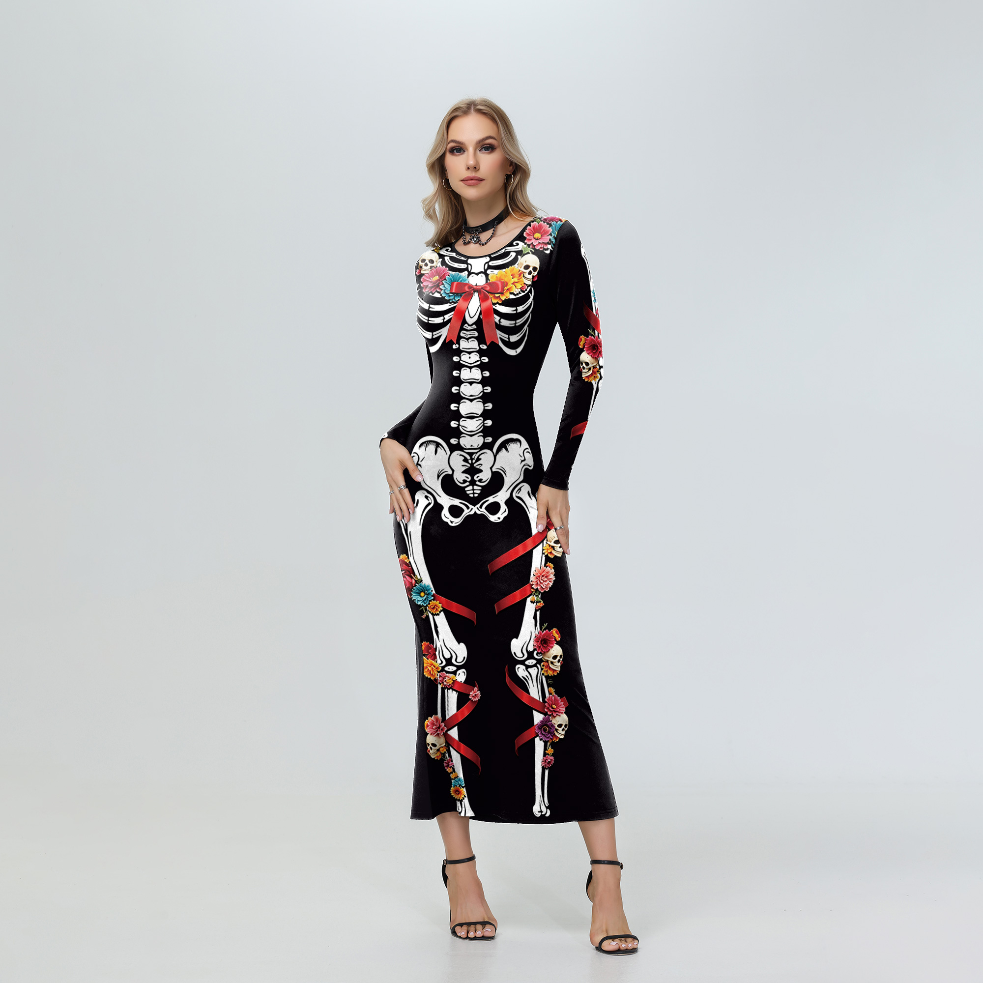 Women'S Red Formal Wear - Halloween Dames Bloemige Skelet Rode Lint